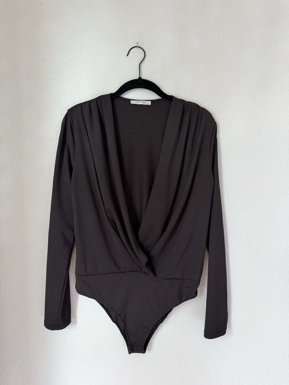 Zara Trafaluc Bodysuit Size M Black Draped V-Neck Long Sleeve